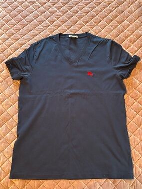 Burberry Men's Navy V-Neck T-Shirt with Red Logo